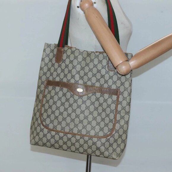 GUCCI GG Supreme Web Sherry Line Tote Bag PVC Beige Gold - Picture 1 of 16